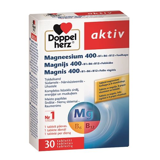 Doppelherz Aktiv Magnijs 400 + B1+B6+B12   (Sirdij, enerģijai un muskuļiem)