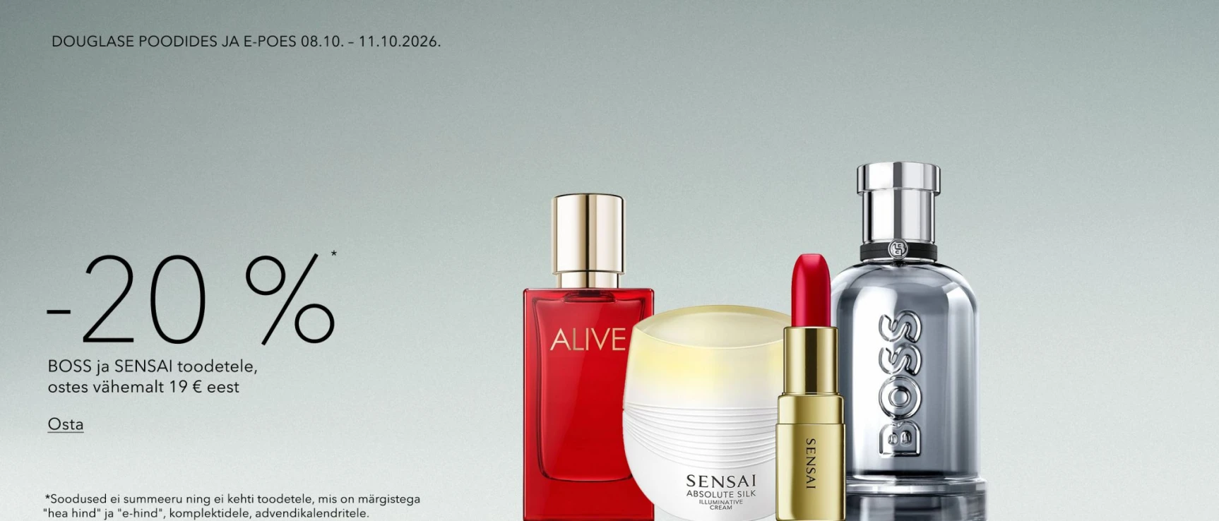  -20%* Sensai, HUGO BOSS ostes vähemalt 19 € eest