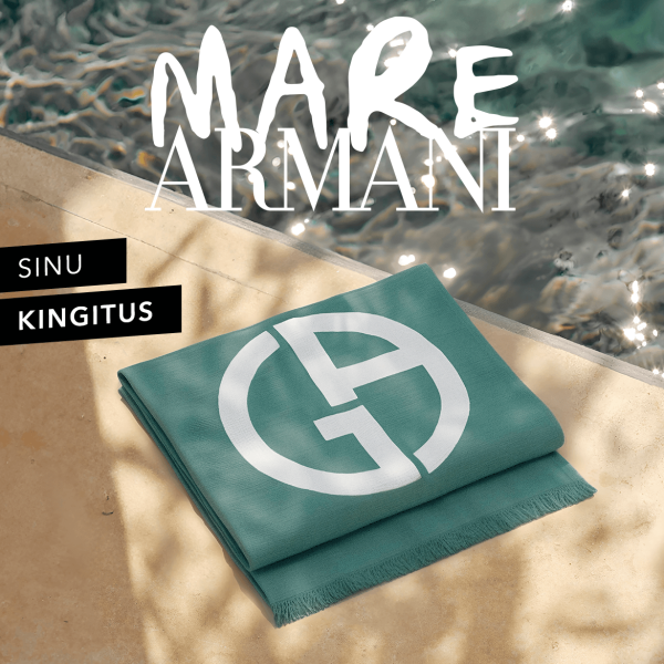 Roheline Armani rannarätik valge GA logoga, asetatud basseini äärde. Pealdis 'SINU KINGITUS'.