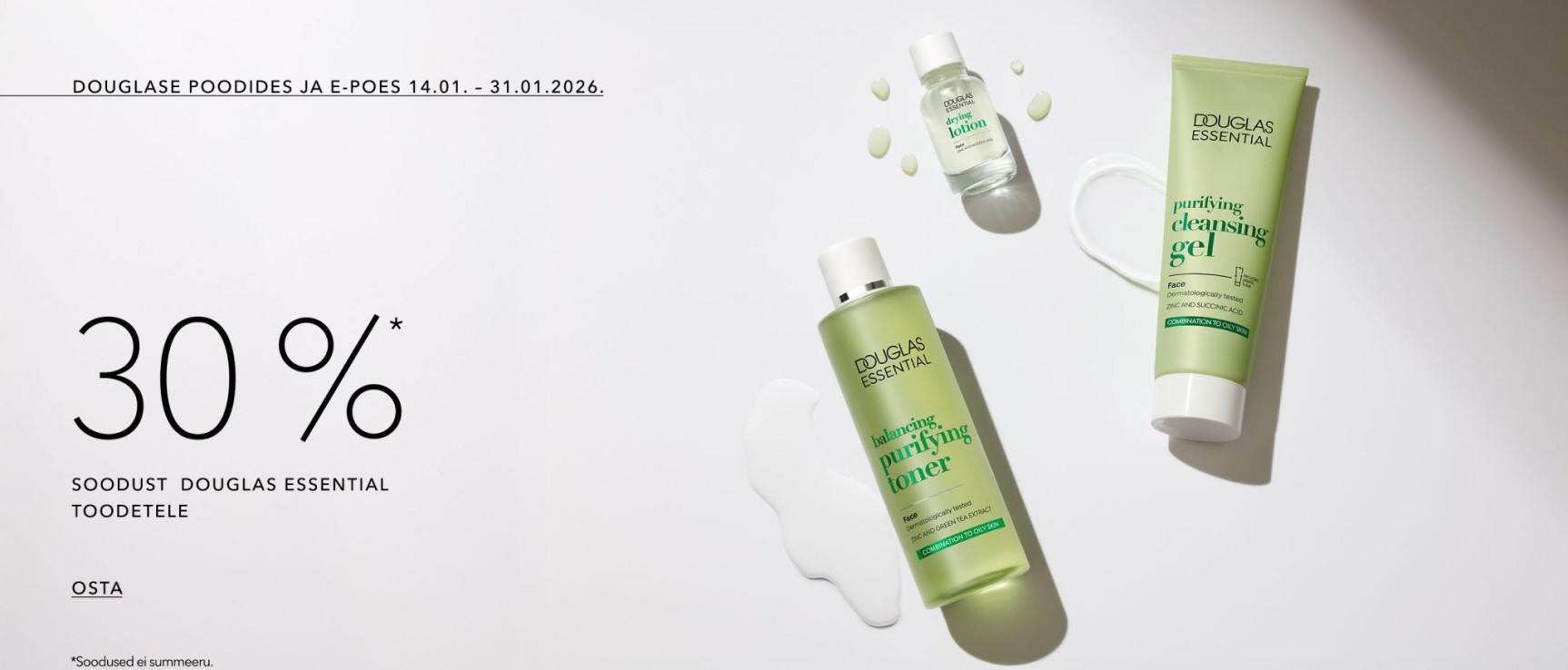Douglase poodides ja E-poes kuni 31.01.2026 kuni 30%  Douglas Essential toodetele