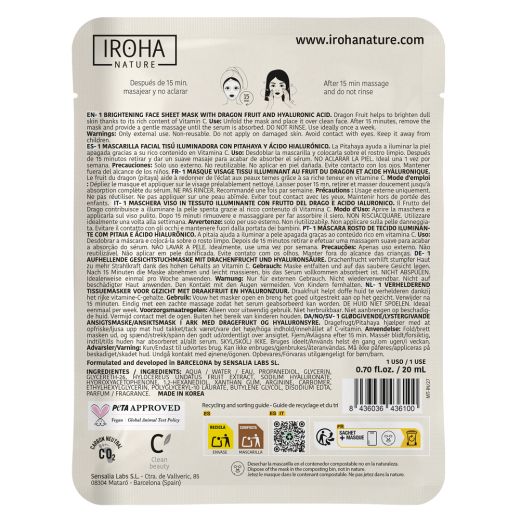 IROHA NATURE Brightening Face Sheet Mask Dragon Fruit And Hyaluronic Acid
