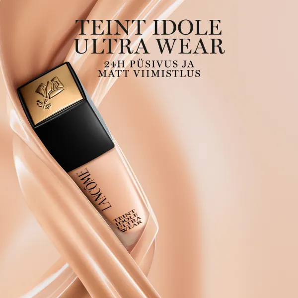 Lancôme Teint Idole Ultra Wear jumestuskreem beige'il taustal, rõhutades 24-tunnist püsivust ja matti tulemust.