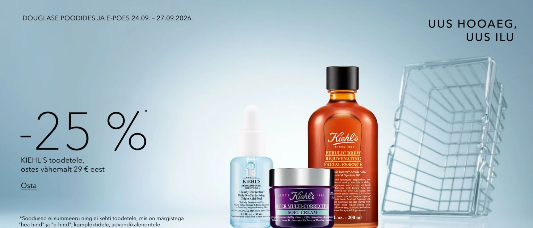 -25%* Soodustus KIEHL'S, ostes vähemalt 29 € eest