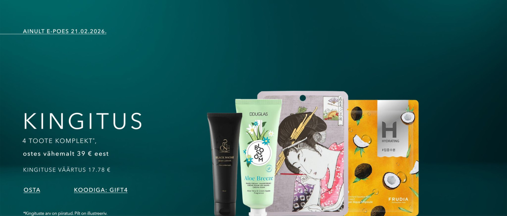 Kingitus kinkekomplekt 4 tootega ostes vahemalt 39 eur