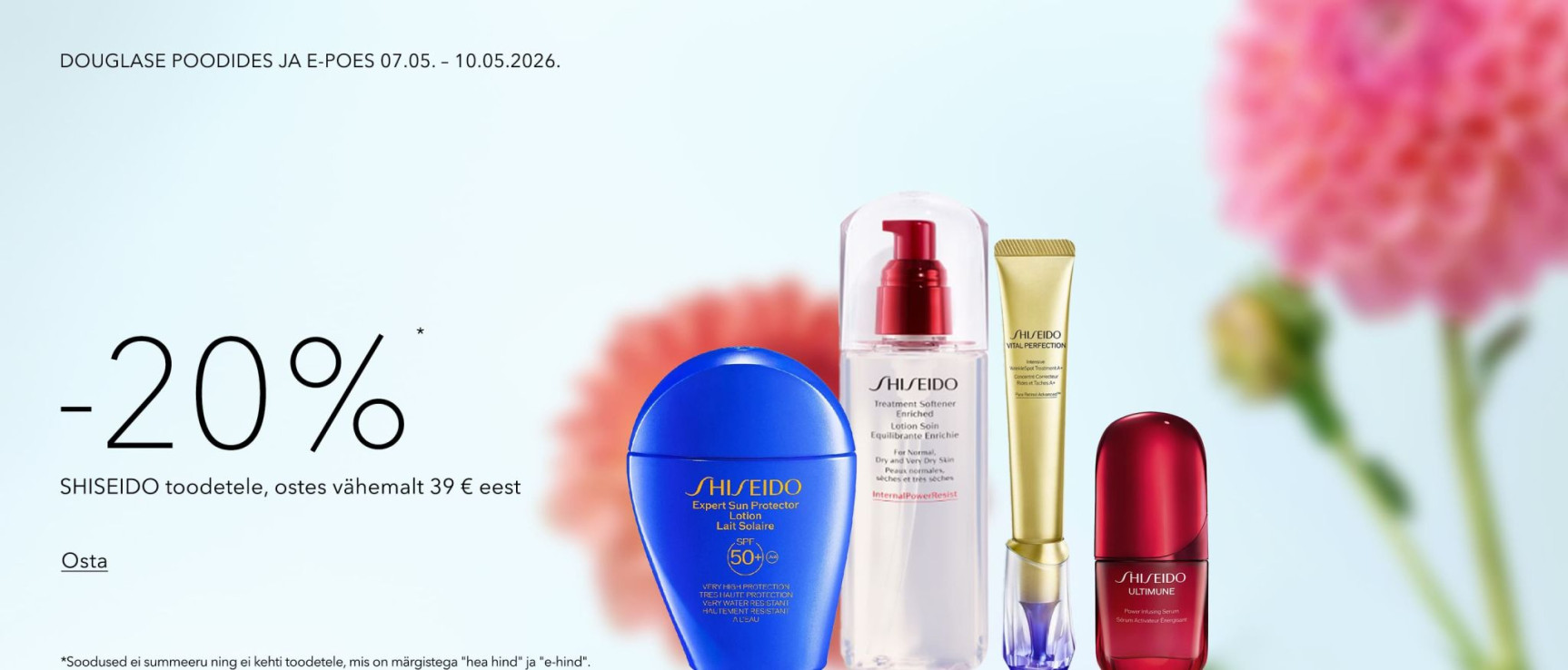 -20%* soodust SHISEIDO ostes vähemalt 39 EUR EEST.