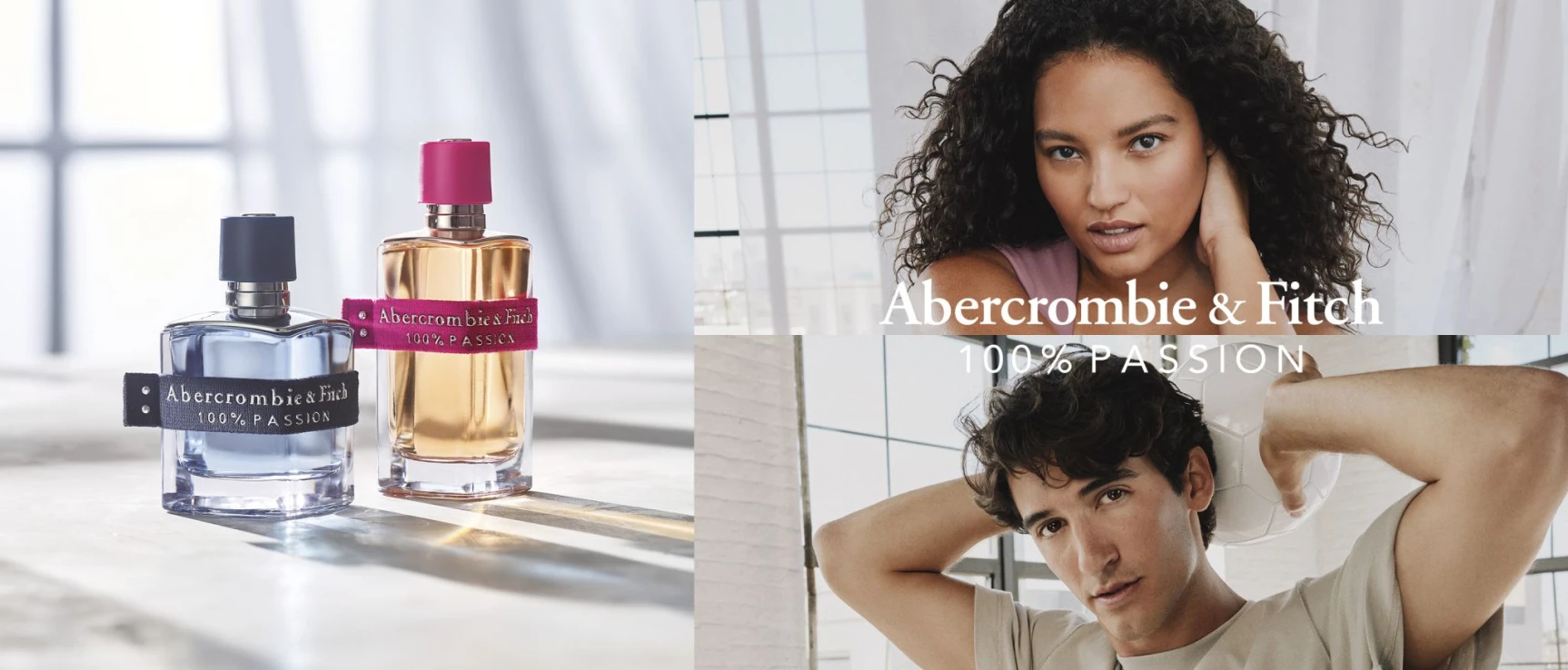  Abercrombie & Fitch 100% Passion parfüümid ja reklaamfotod heledal taustal.