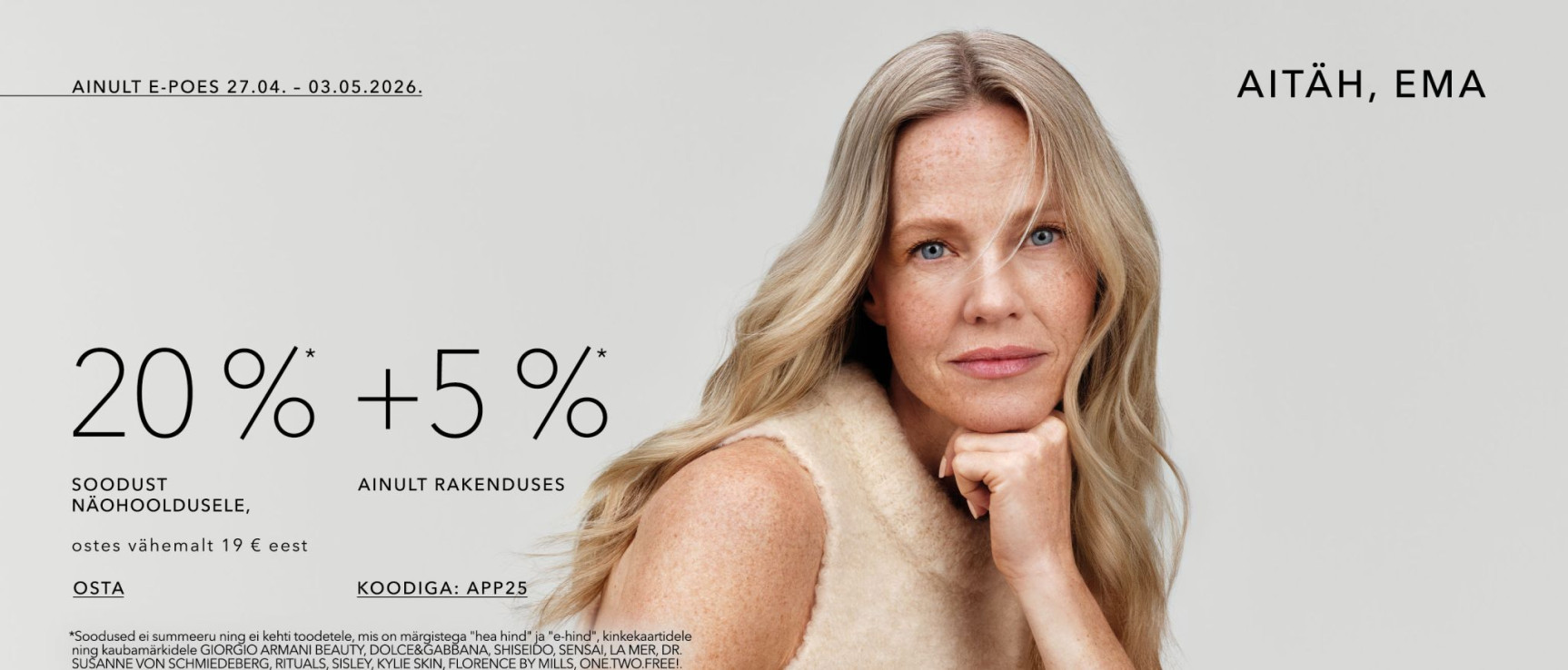 E-poes −20% näohooldusele al 19 € Rakenduses −25% al 19 €, kood: APP25