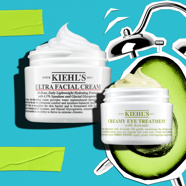 Kiehl’s Ultra Facial Cream ja Creamy Eye Treatment avokaadoga, kujutatud erksal taustal koos dušiotsiku ja avokaado illustratsiooniga.