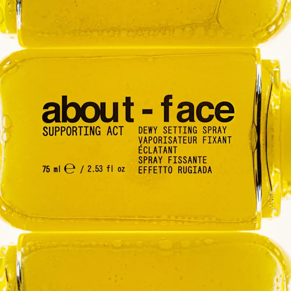 About-face Supporting Act niisutav meigikinnitussprei kollases pakendis erkkollasel taustal.