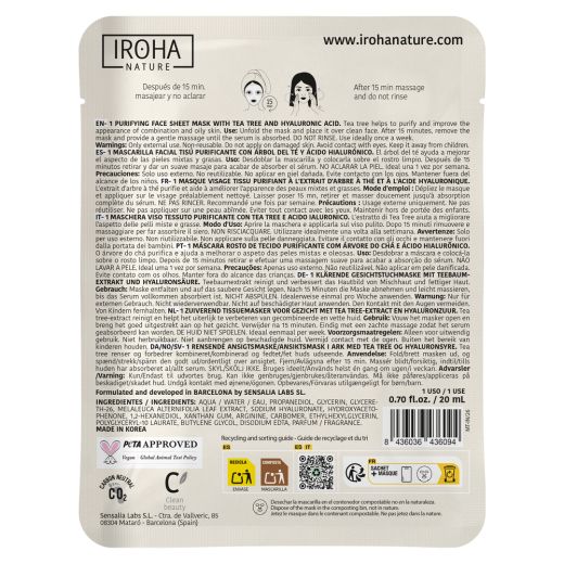 IROHA NATURE Purifying Face Sheet Mask Tea Tree And Hyaluronic Acid